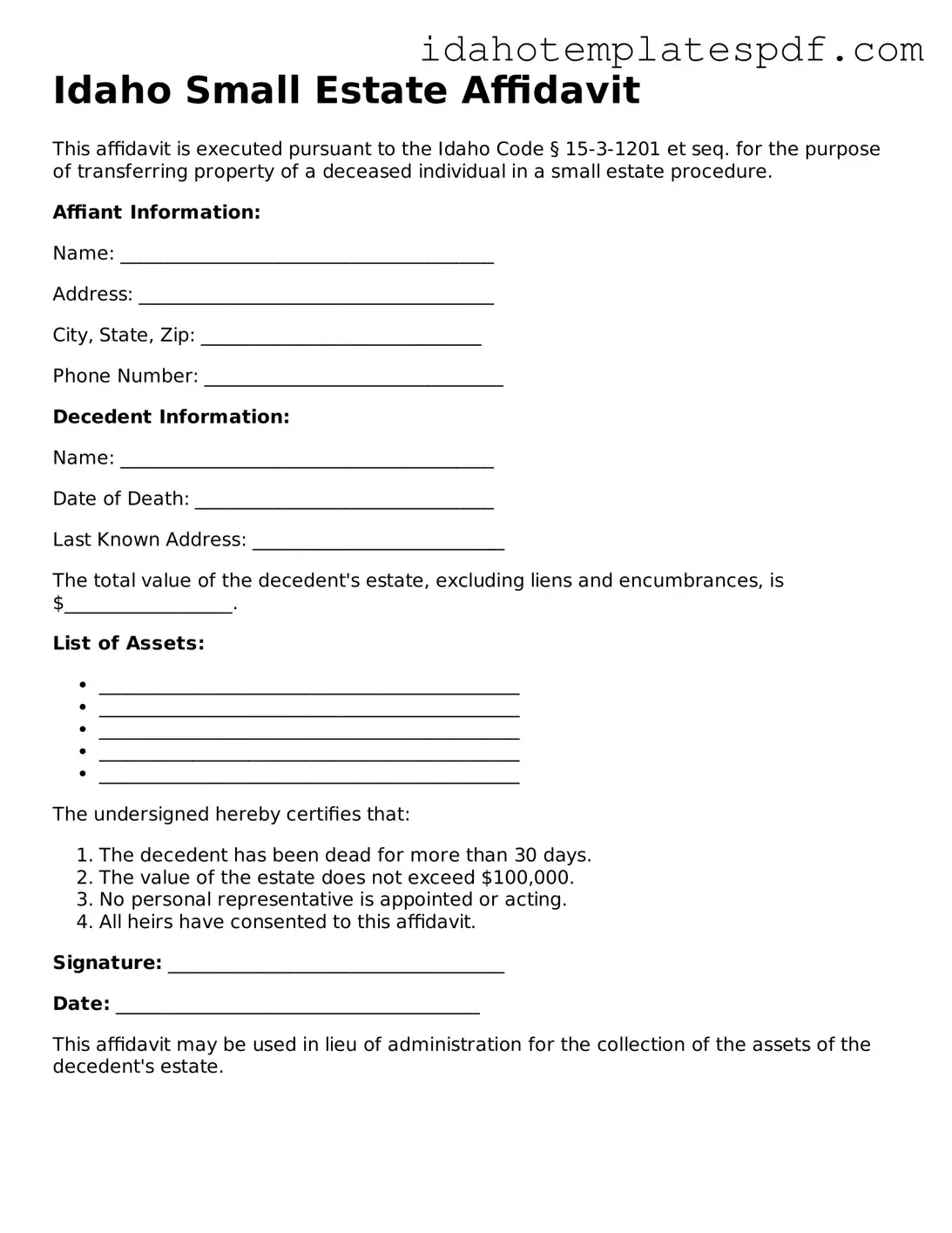 Small Estate Affidavit Document for Idaho State