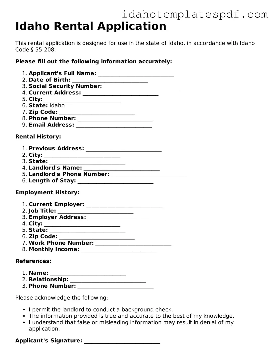Rental Application Document for Idaho State