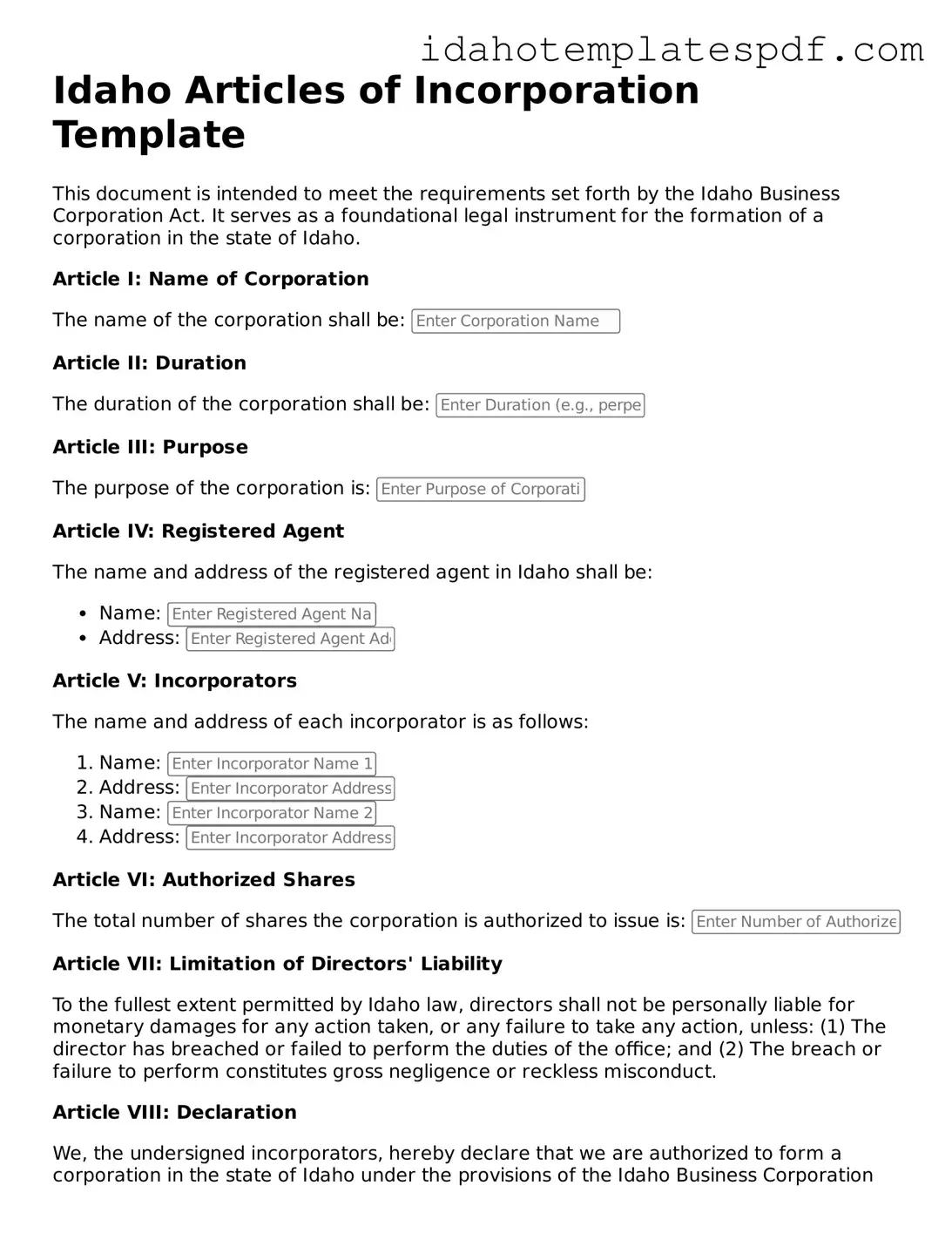 Articles of Incorporation Document for Idaho State