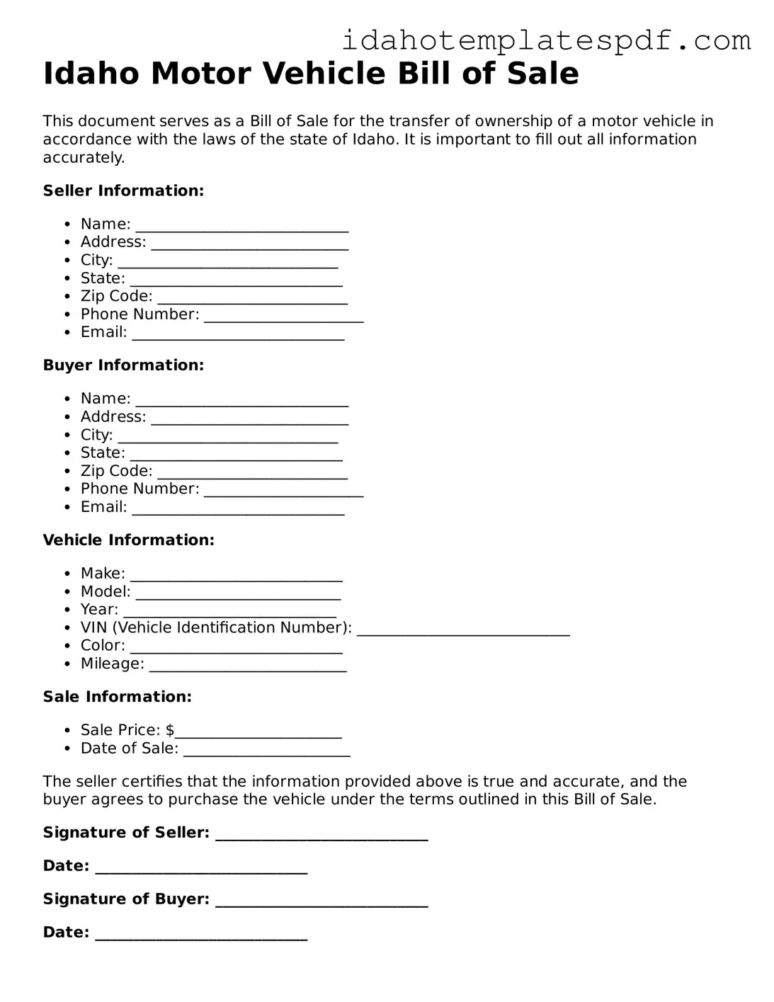 Motor Vehicle Bill of Sale Document for Idaho State
