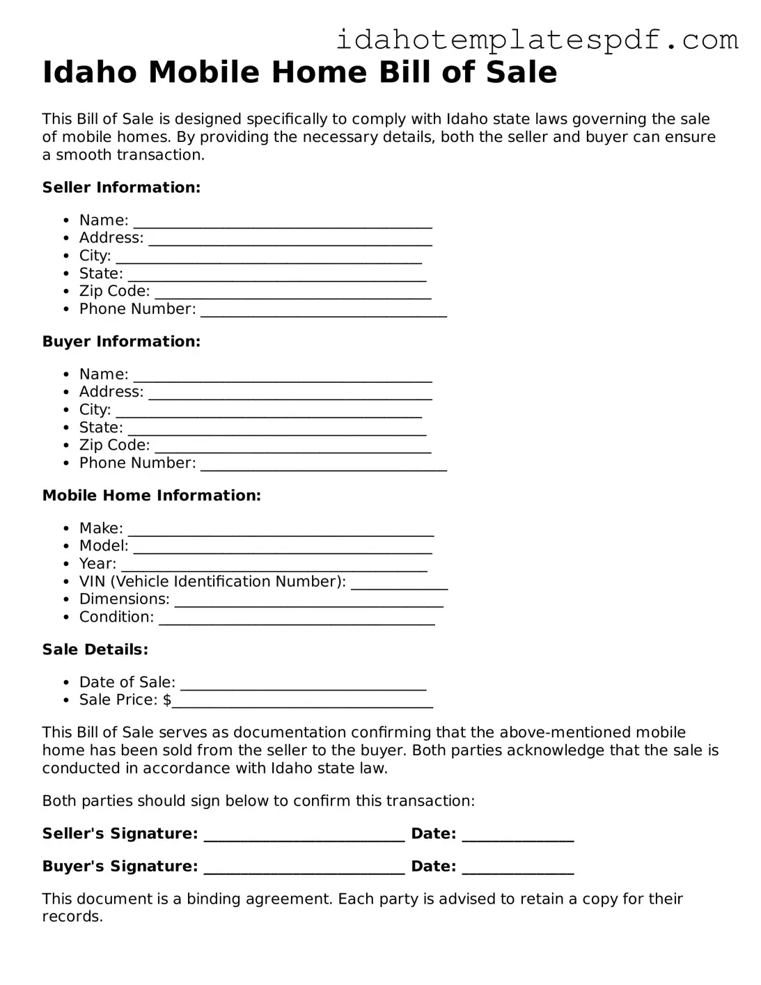 Mobile Home Bill of Sale Document for Idaho State