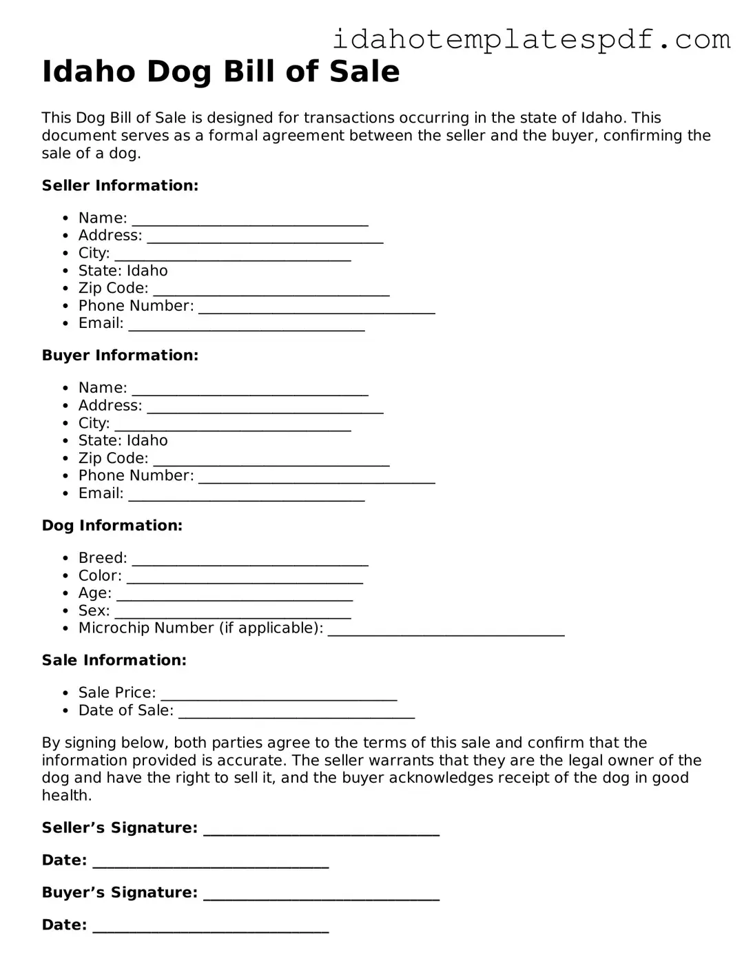 Dog Bill of Sale Document for Idaho State