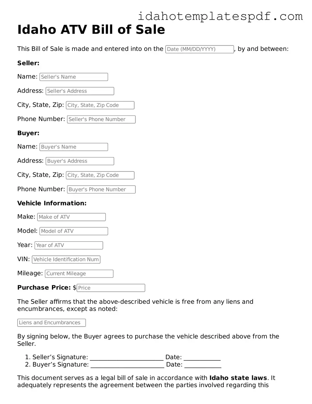 ATV Bill of Sale Document for Idaho State