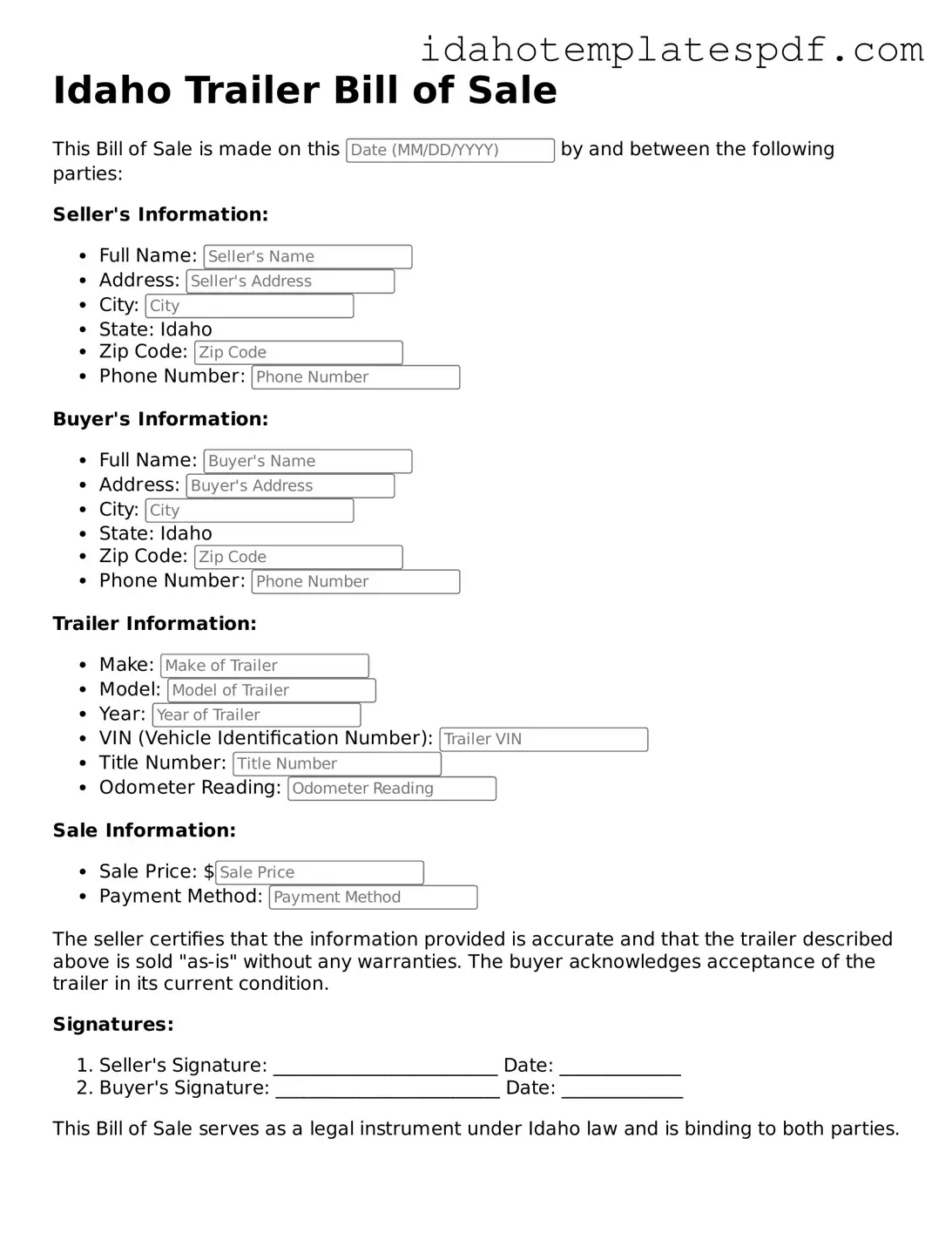 Trailer Bill of Sale Document for Idaho State