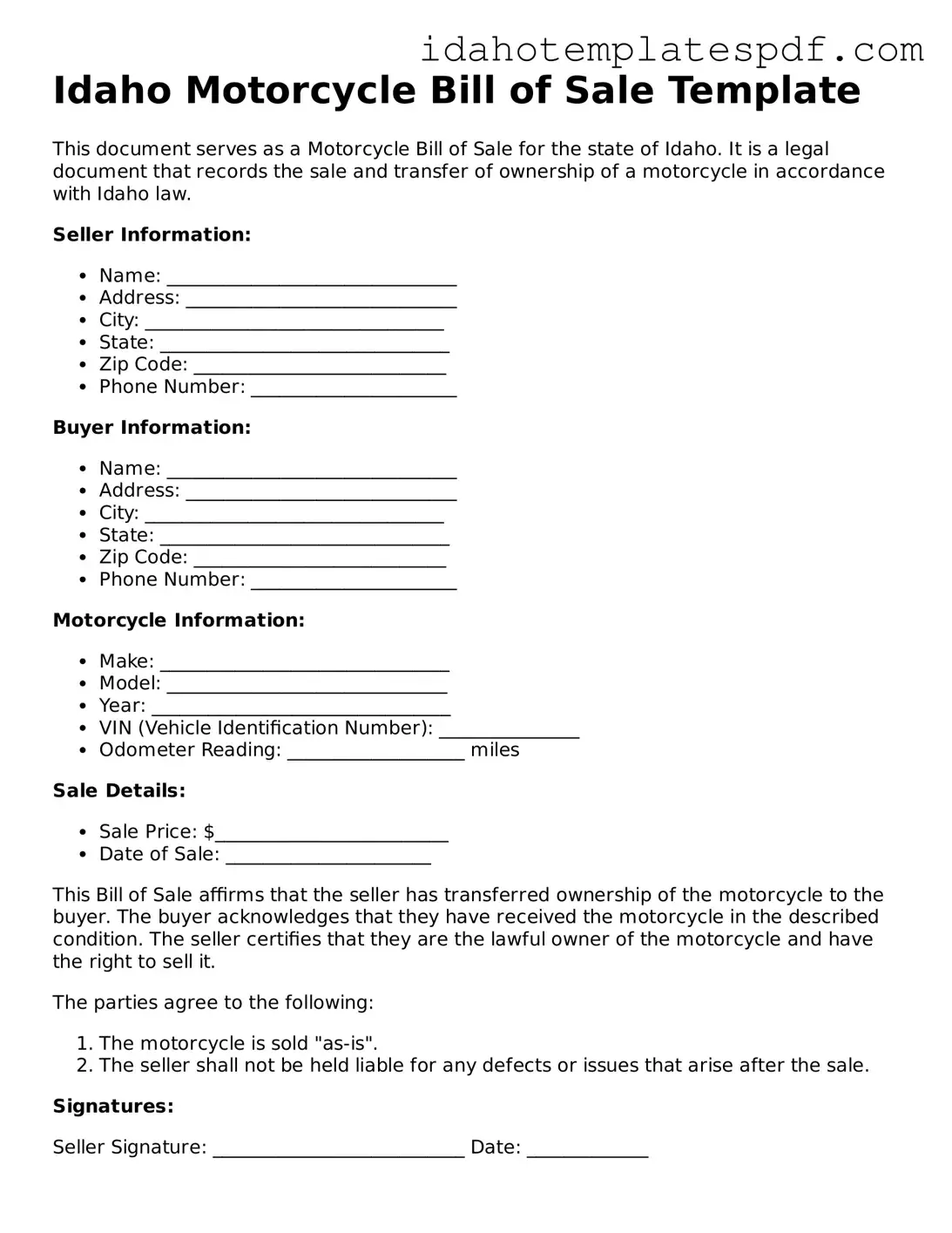 Motorcycle Bill of Sale Document for Idaho State