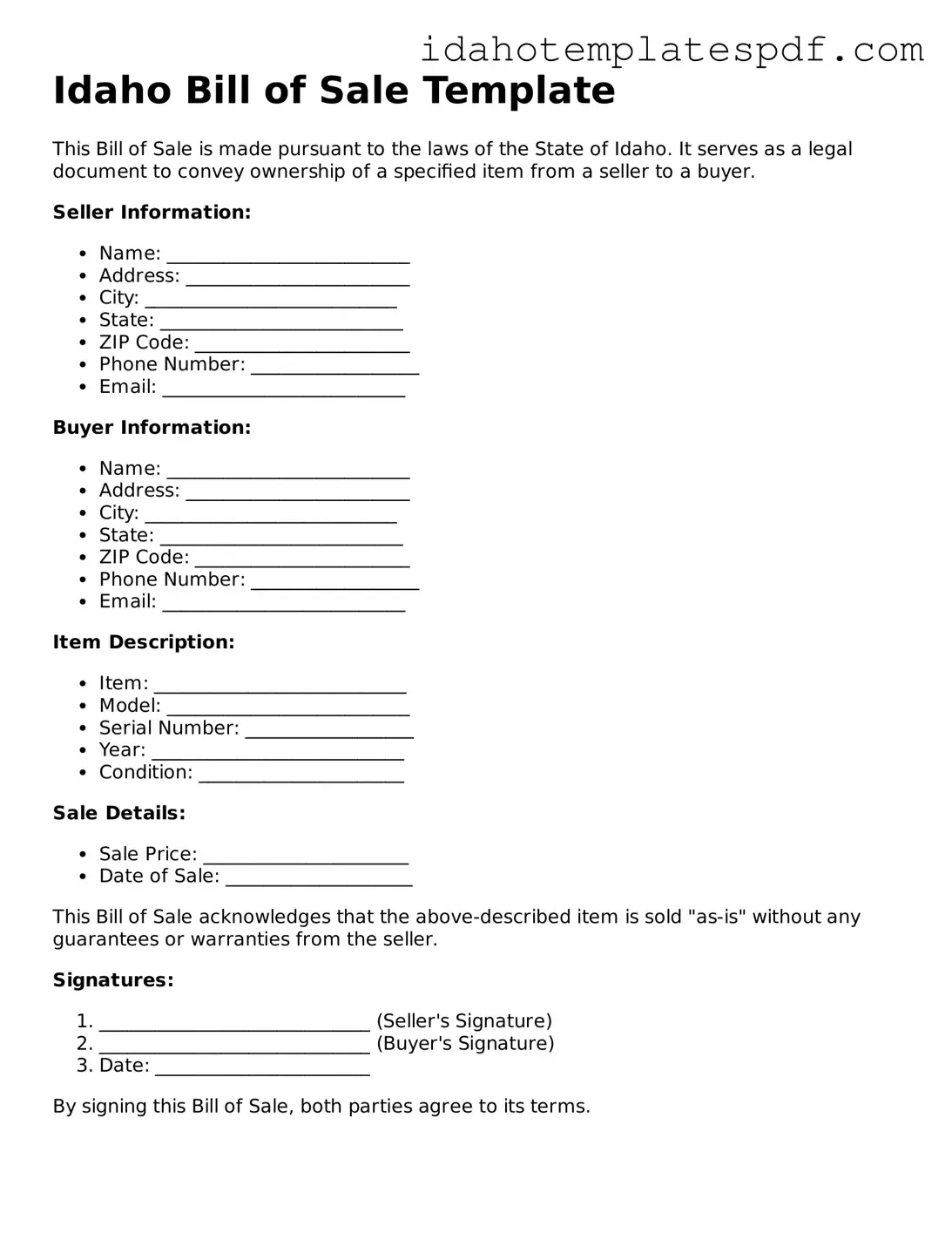 Bill of Sale Document for Idaho State