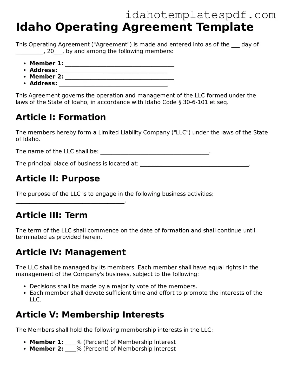 Operating Agreement Document for Idaho State