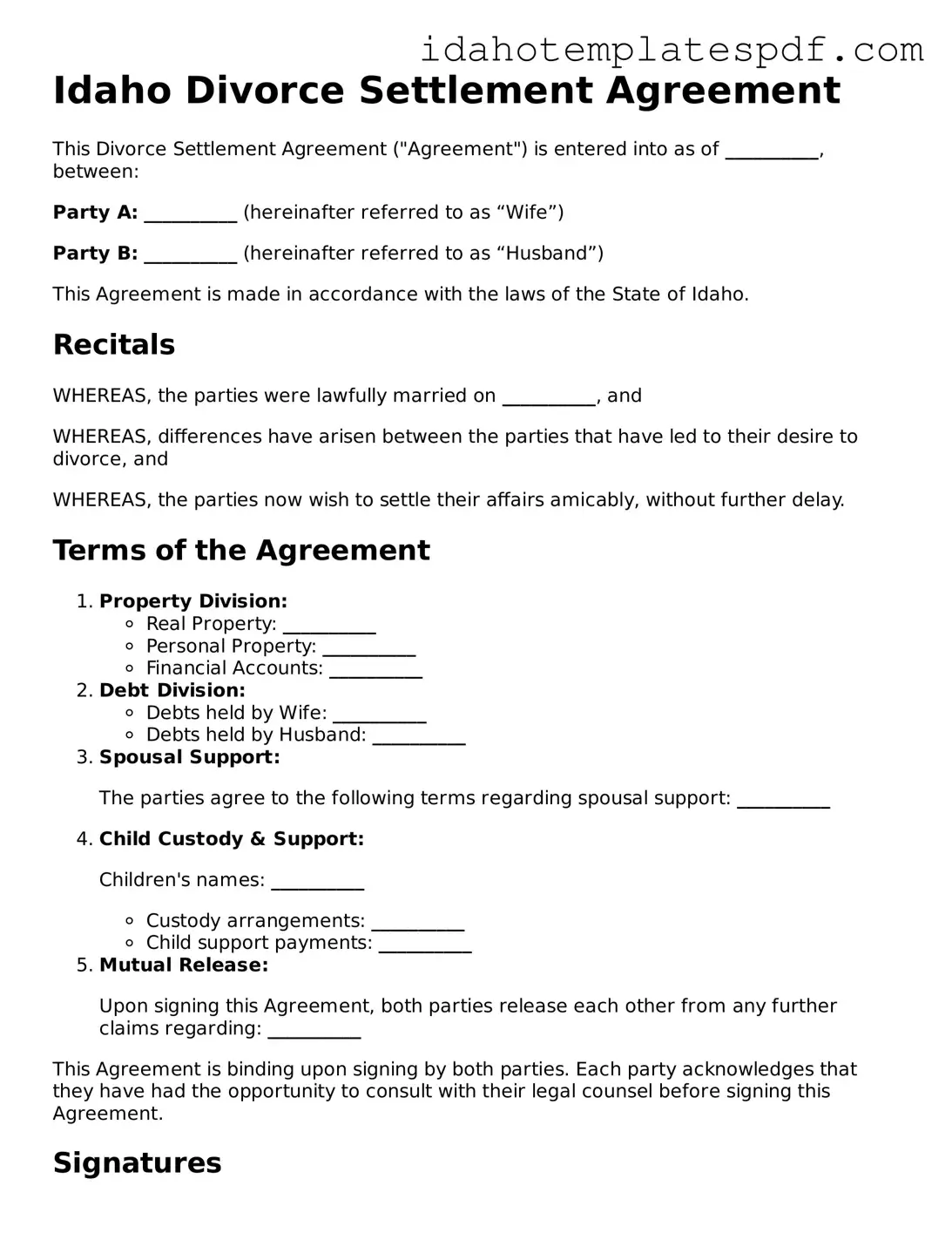 Divorce Settlement Agreement Document for Idaho State