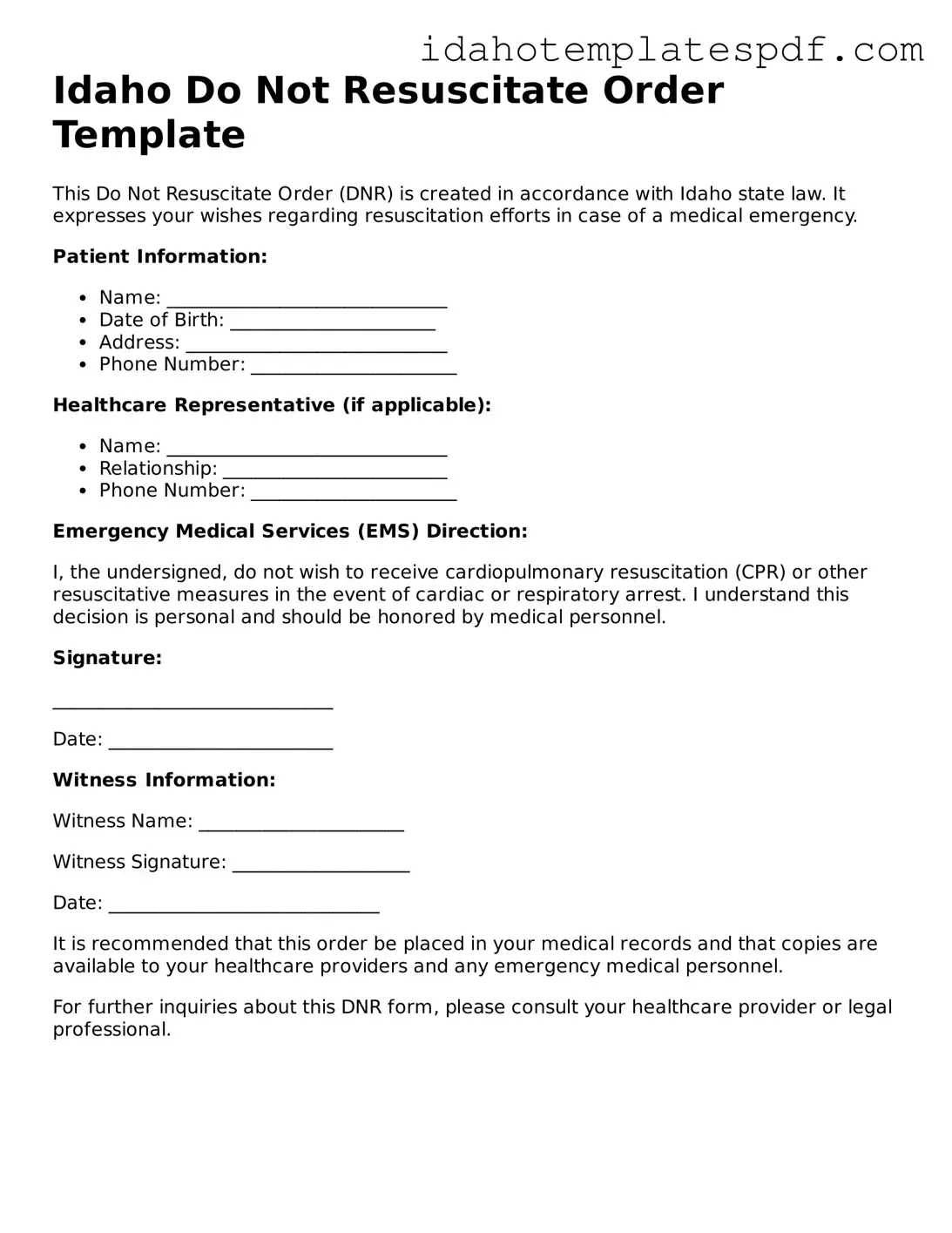 Do Not Resuscitate Order Document for Idaho State
