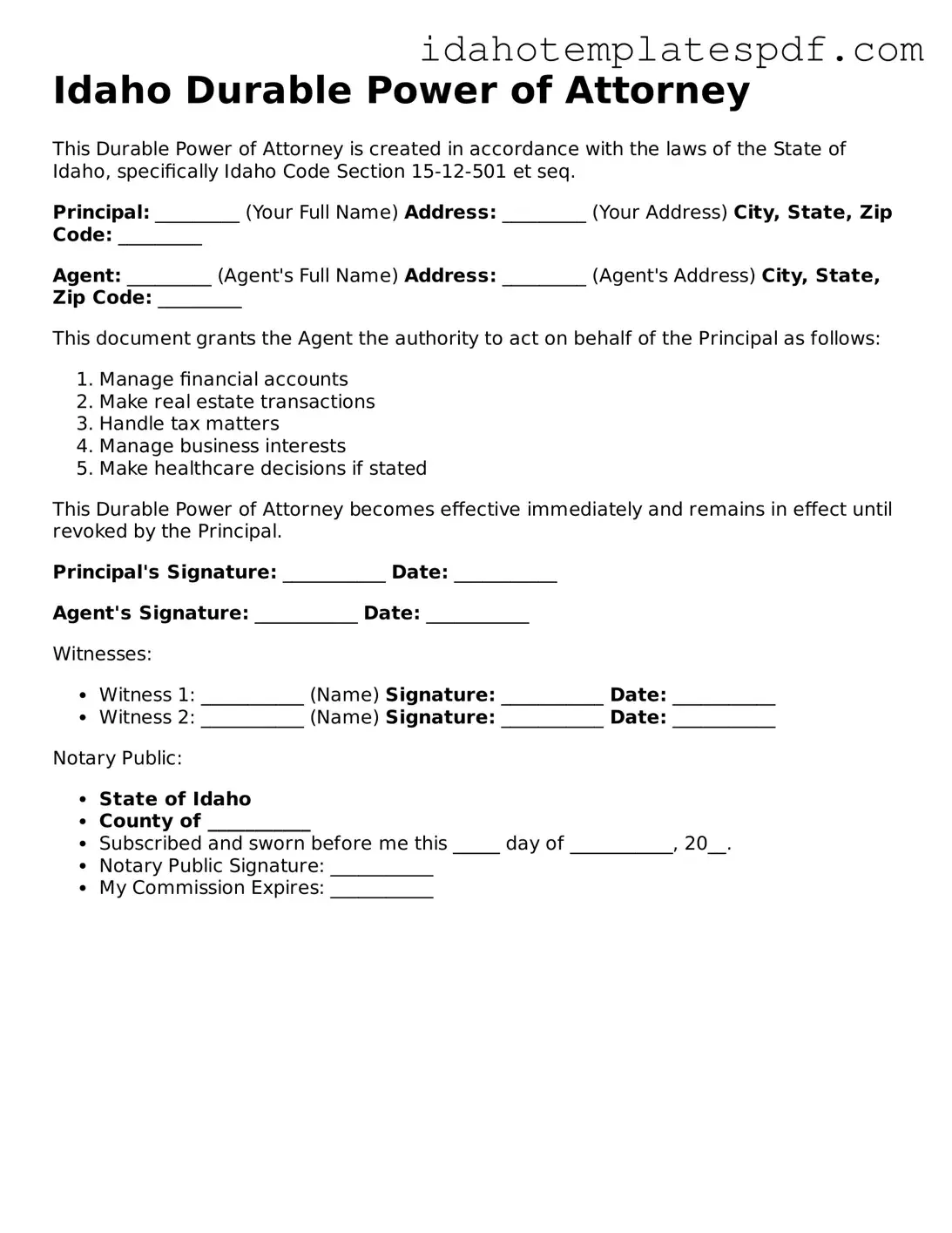 Durable Power of Attorney Document for Idaho State