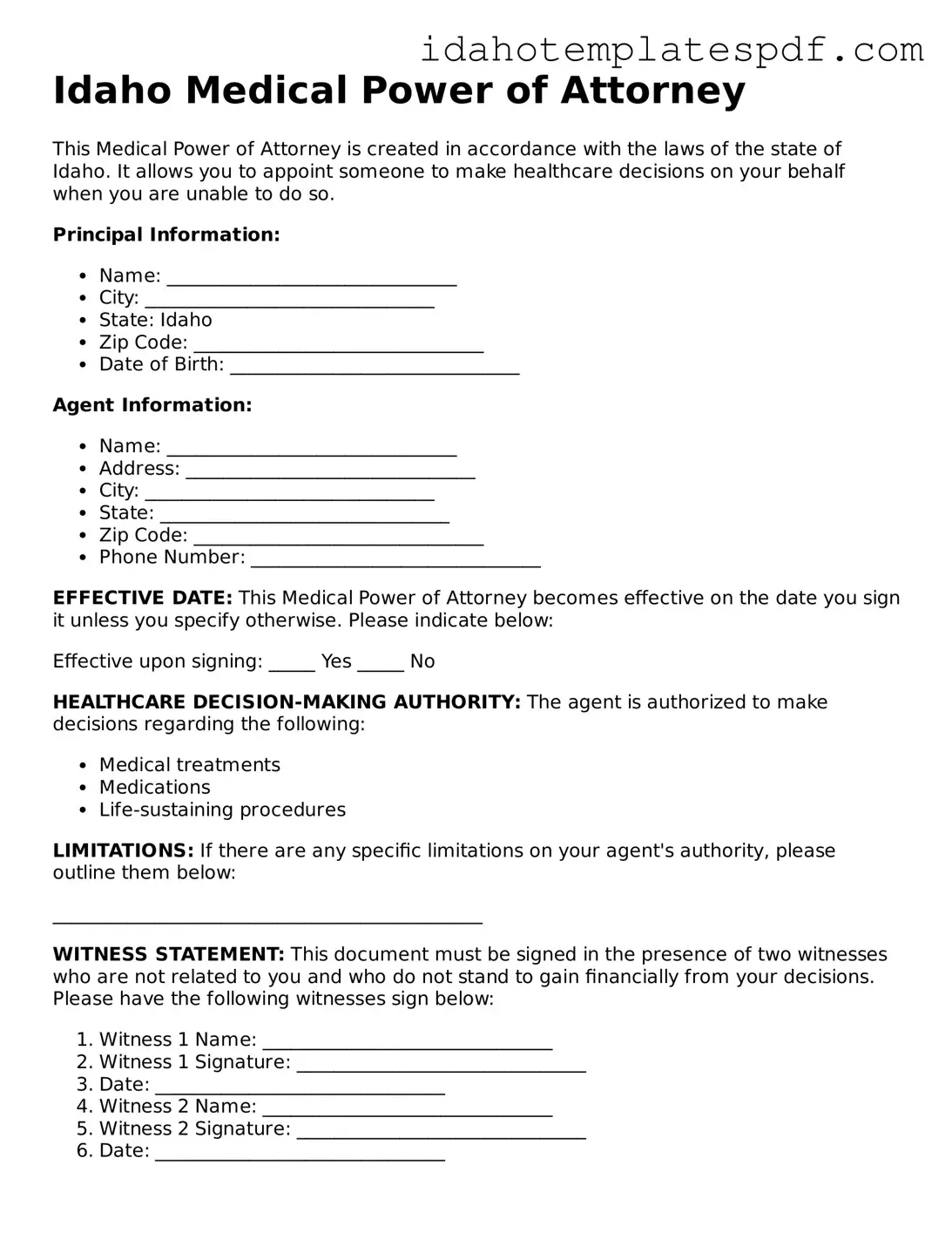Medical Power of Attorney Document for Idaho State