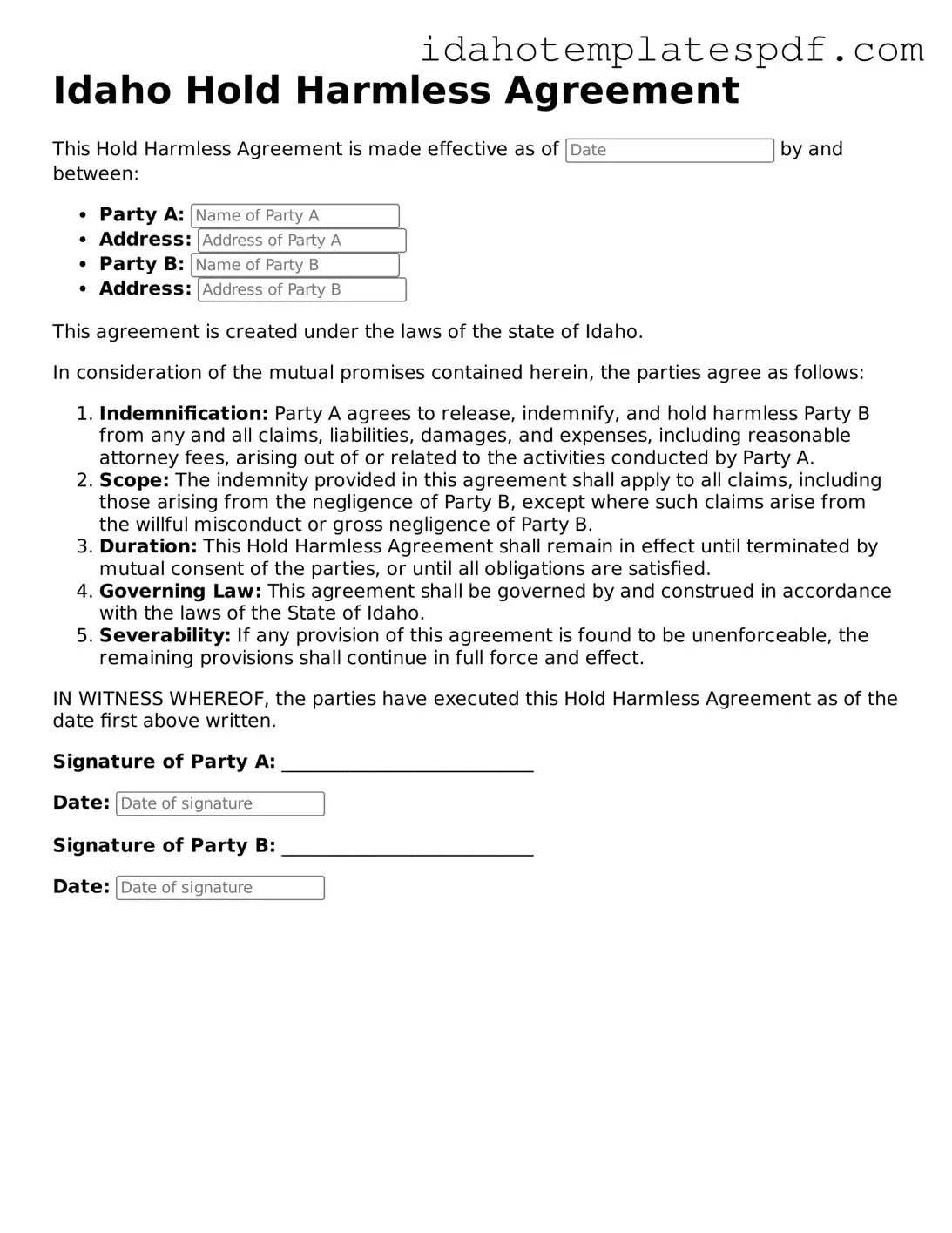 Hold Harmless Agreement Document for Idaho State