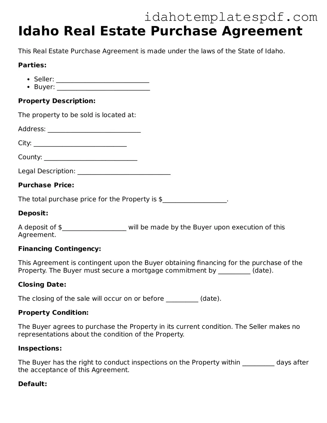 Real Estate Purchase Agreement Document for Idaho State