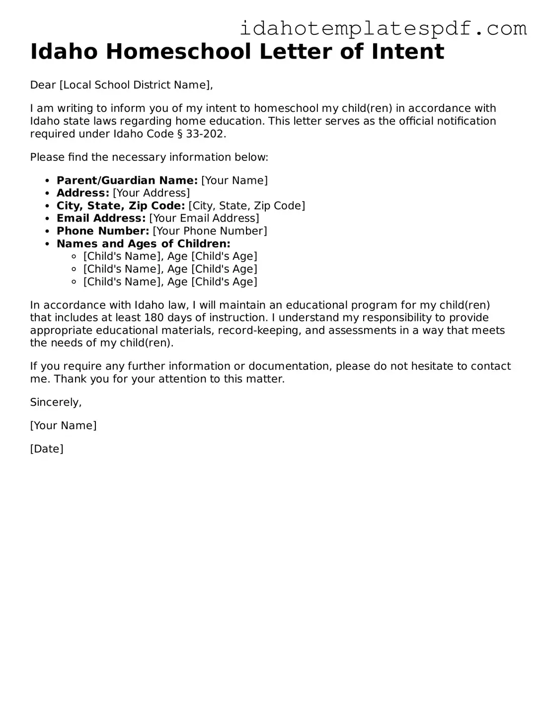 Homeschool Letter of Intent Document for Idaho State