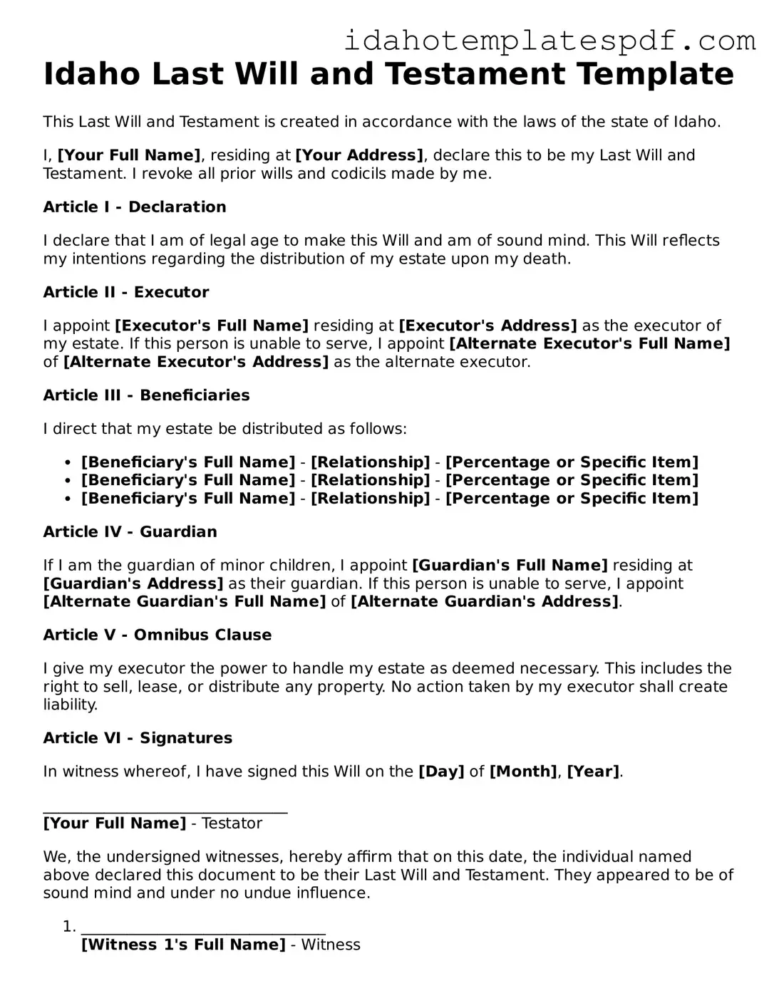 Last Will and Testament Document for Idaho State