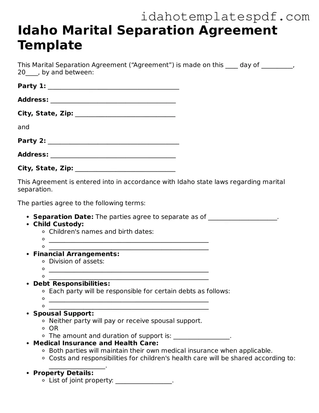 Marital Separation Agreement Document for Idaho State