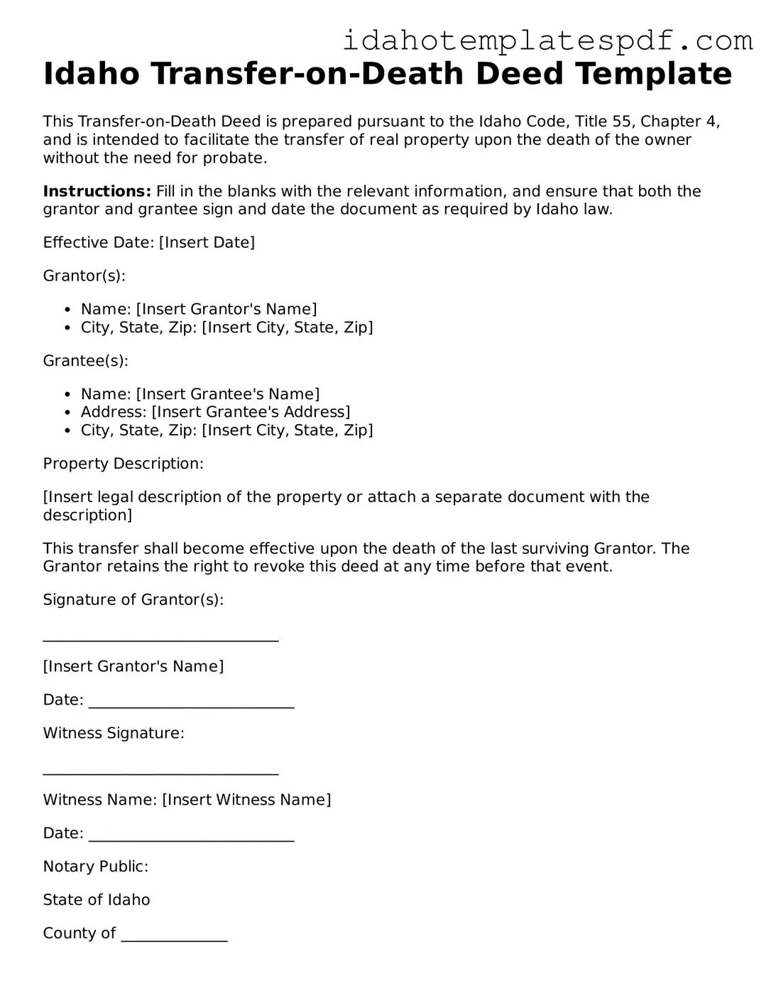 Transfer-on-Death Deed Document for Idaho State