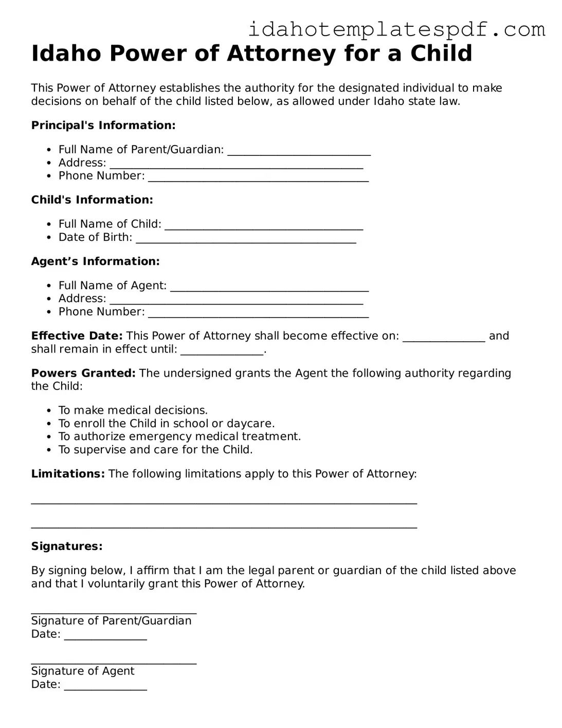 Power of Attorney for a Child Document for Idaho State