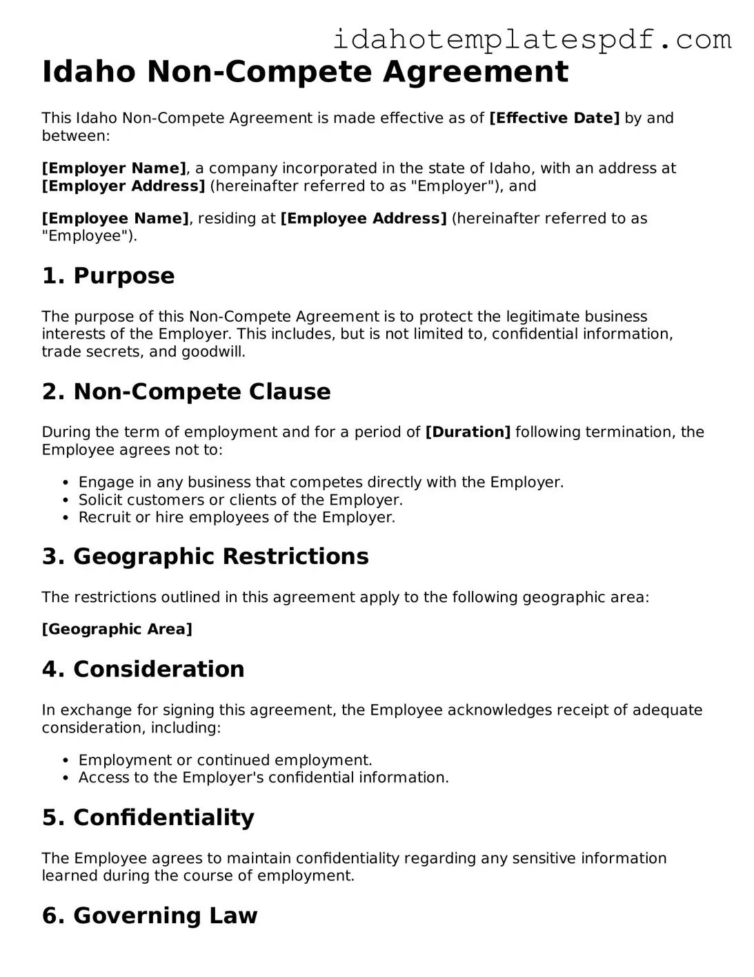 Non-compete Agreement Document for Idaho State