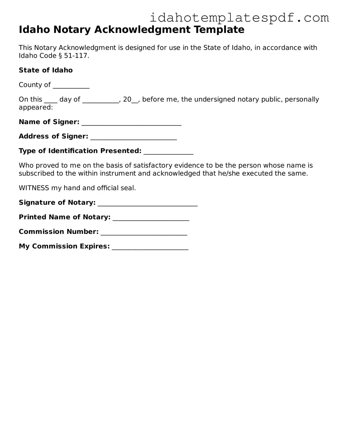 Notary Acknowledgement Document for Idaho State