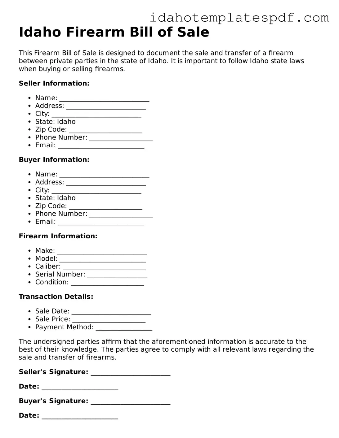 Firearm Bill of Sale Document for Idaho State
