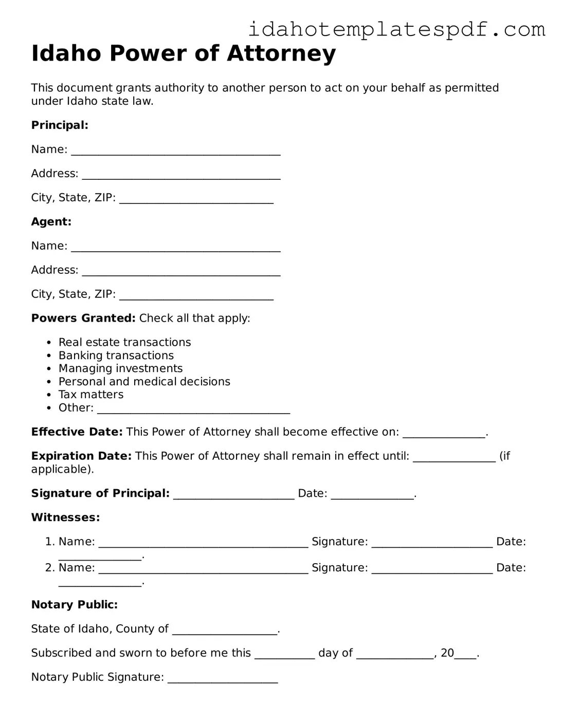 Power of Attorney Document for Idaho State