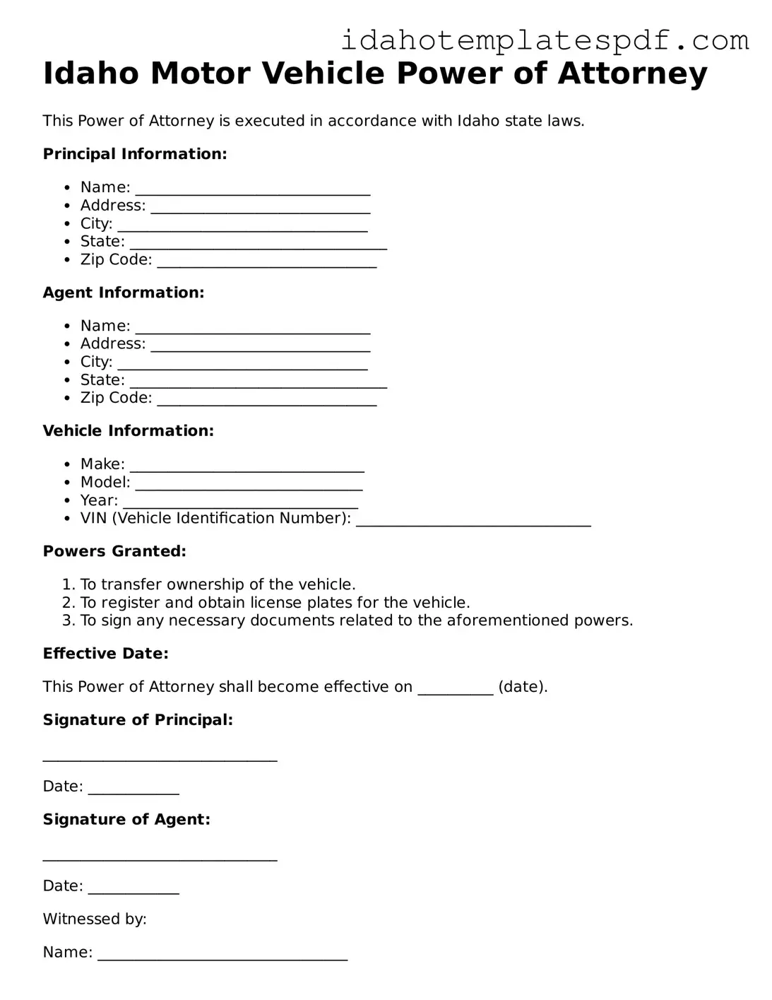 Motor Vehicle Power of Attorney Document for Idaho State