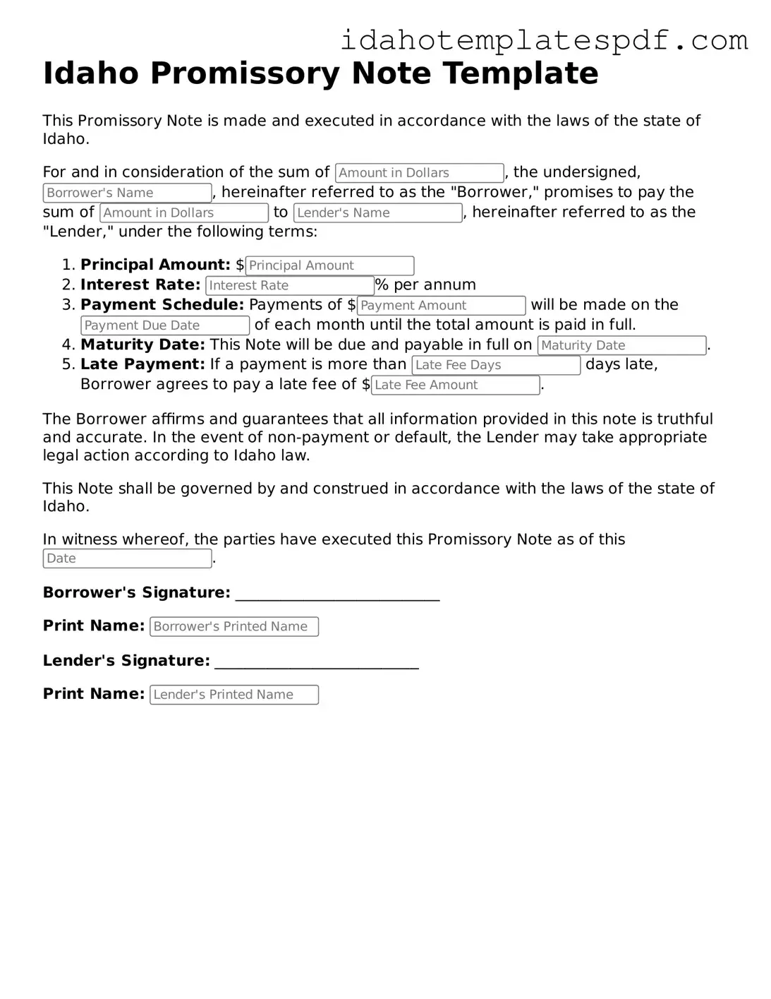Promissory Note Document for Idaho State