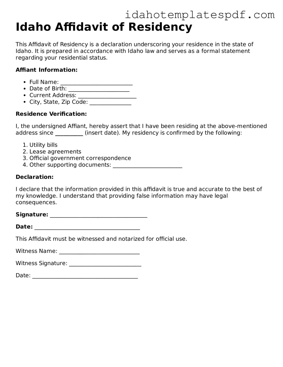 Affidavit of Residency Document for Idaho State