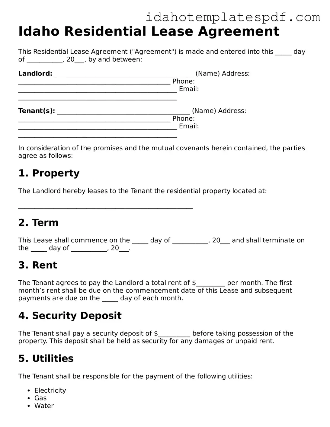 Residential Lease Agreement Document for Idaho State