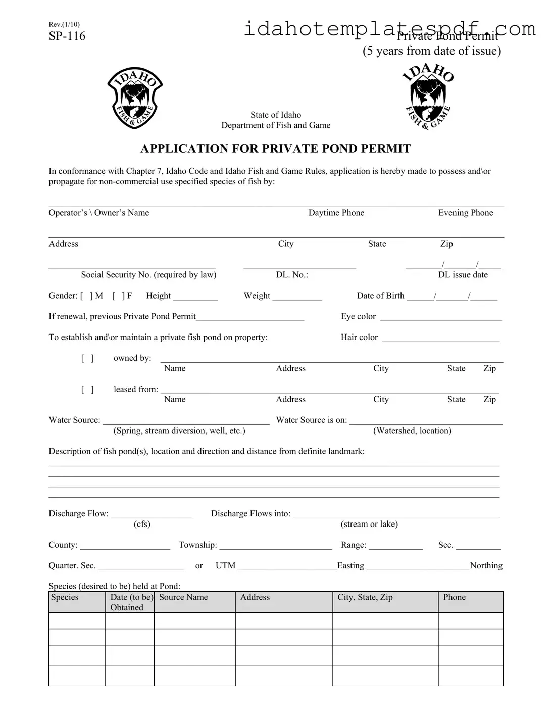 Idaho Sp 116 Template