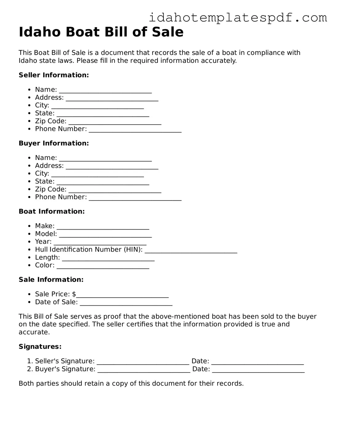 Boat Bill of Sale Document for Idaho State