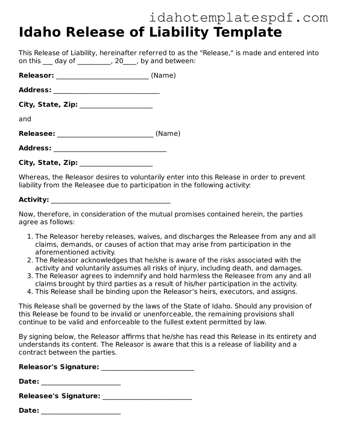 Release of Liability Document for Idaho State