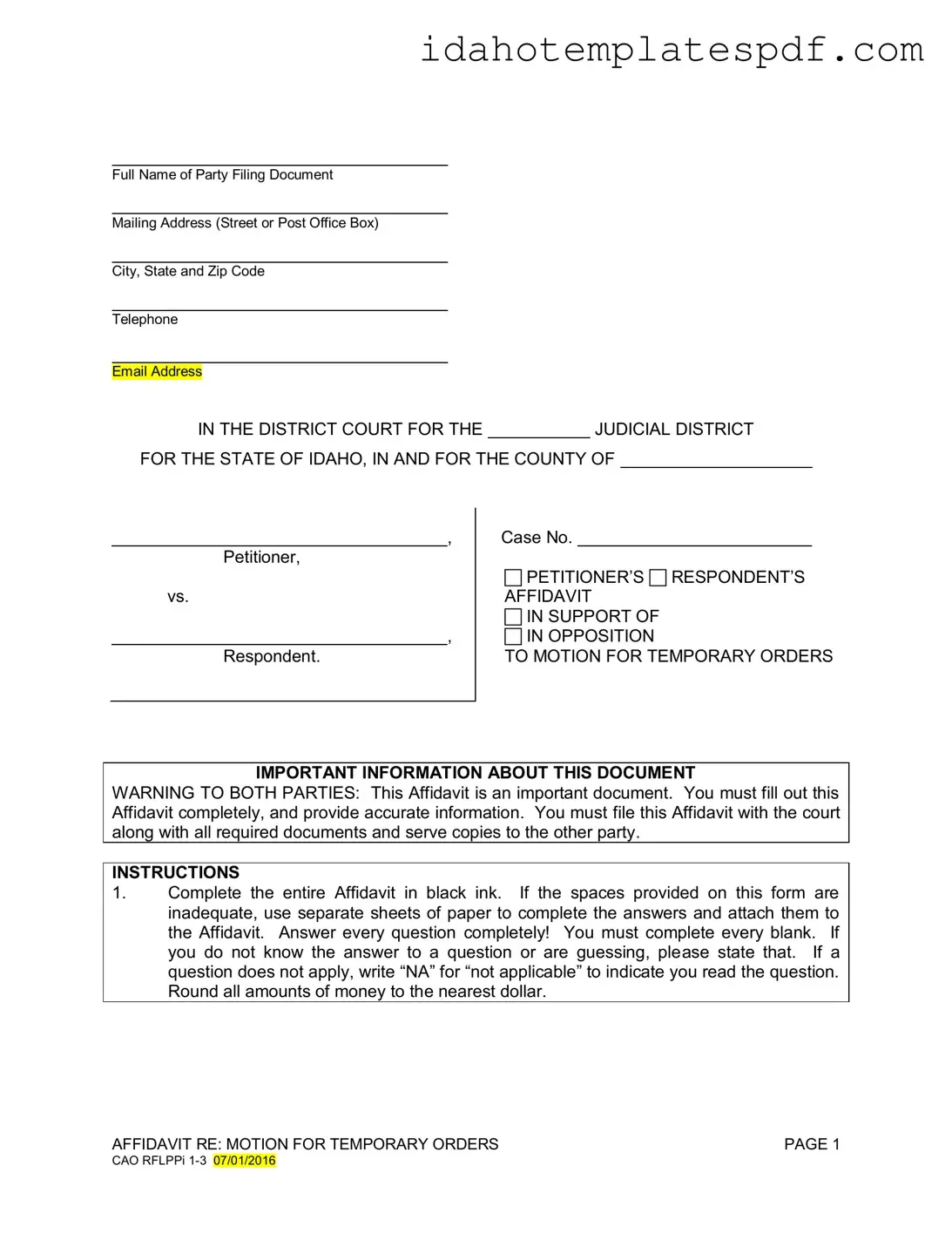 Motion For Temporary Orders Idaho Template