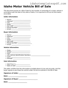 Motor Vehicle Bill of Sale Document for Idaho State