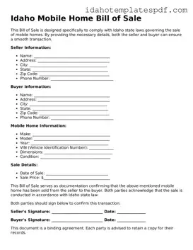 Mobile Home Bill of Sale Document for Idaho State