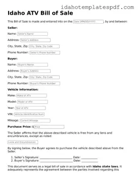 ATV Bill of Sale Document for Idaho State