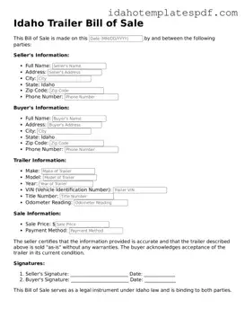Trailer Bill of Sale Document for Idaho State