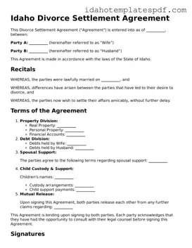 Divorce Settlement Agreement Document for Idaho State