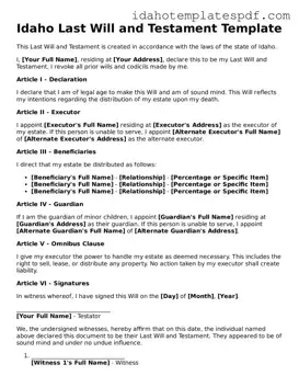 Last Will and Testament Document for Idaho State