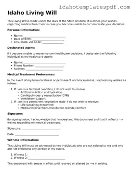 Living Will Document for Idaho State
