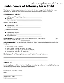 Power of Attorney for a Child Document for Idaho State