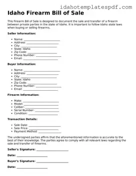 Firearm Bill of Sale Document for Idaho State