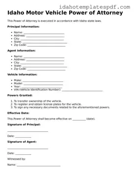 Motor Vehicle Power of Attorney Document for Idaho State